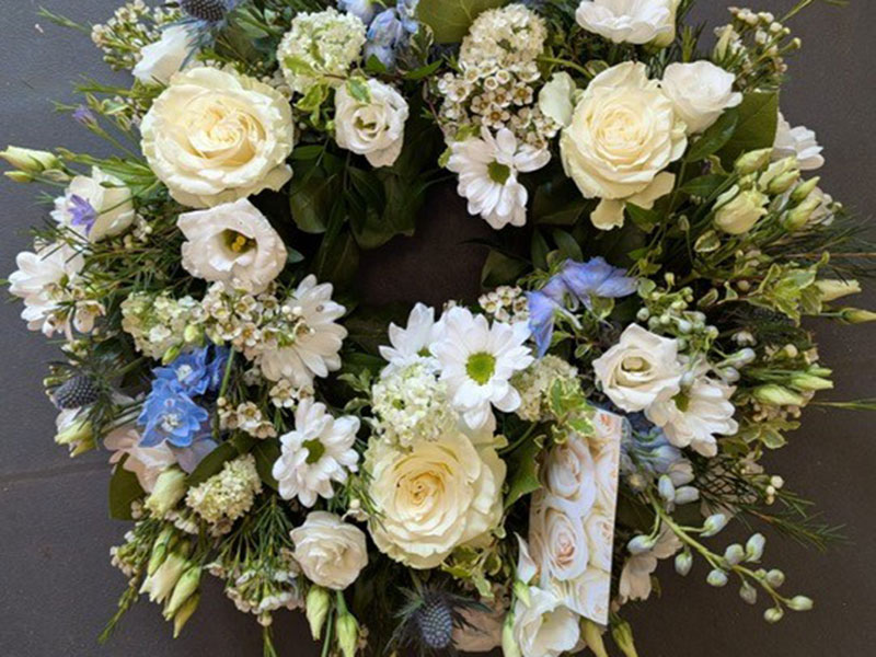 Funeral wreath detail by Petals Flowers