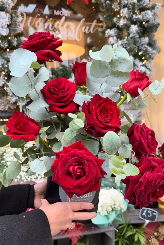 Crimson Noel Rose and Eucalyptus Hat Box