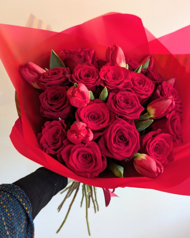 Classic Red Roses & Spring Tulips